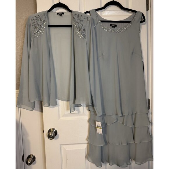 SLNY Jacket & Dress 14 Aloe Blue Ruffled Party Wedding Cruise Flowy NEW - Picture 15 of 16
